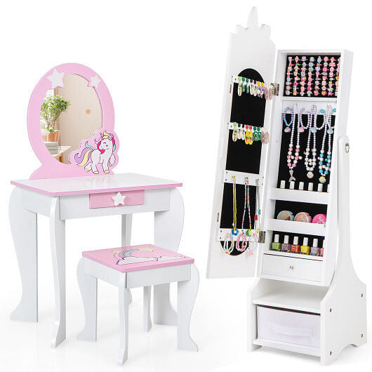 Kids Jewelry Armoire Cabinet with Storage and 2 Tilt Angles-Pink